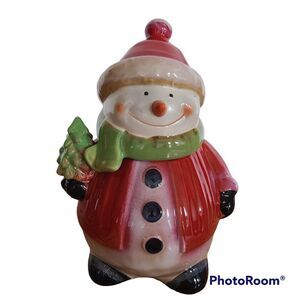 Vintage Ceramic Stoneware Potbelly Winter Holiday Snowman Cookie Candy Treat Jar